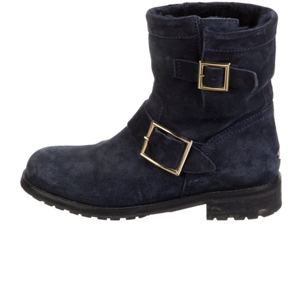 Jimmy Choo Navy Suede Buckle Ankle Boot faux fur lining